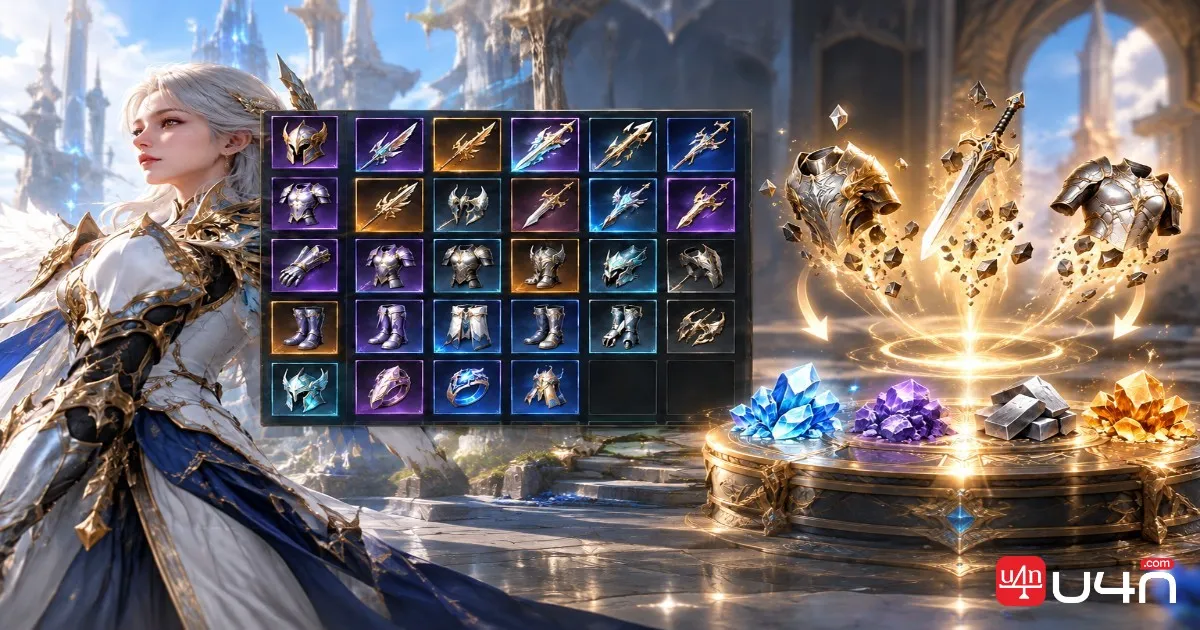 Aion 2 equipment inventory showing weapons and armor for gear extraction and Enhance Stone farming