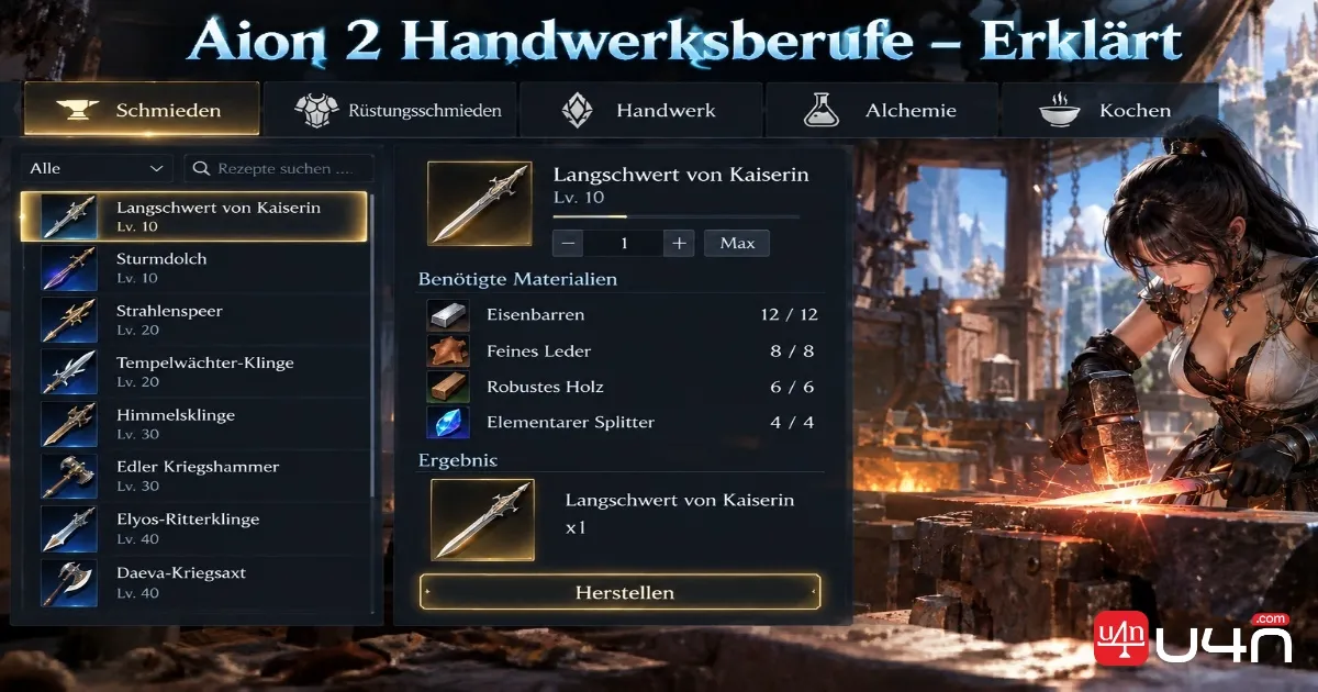 Aion 2 crafting interface showing the available crafting specializations