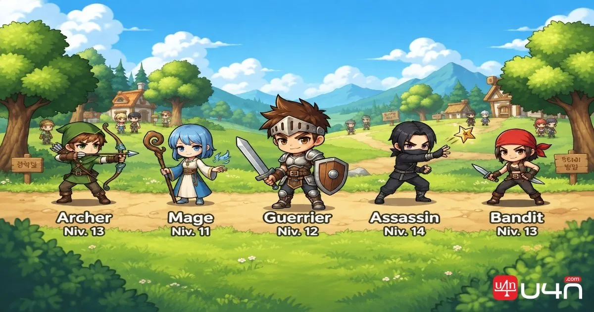 Personnages de première classe de MapleStory Classic World représentant le Guerrier, le Mage, l'Archer, l'Assassin et le Bandit