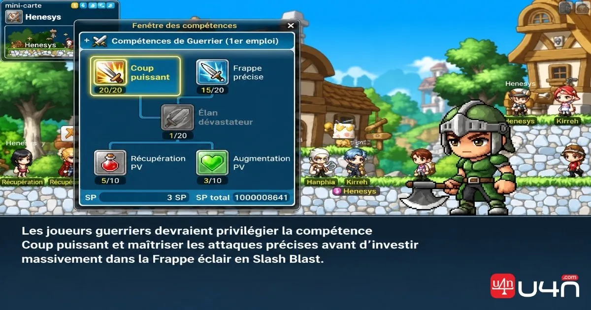Build de compétences du Guerrier dans MapleStory Classic World avec Frappe puissante, Frappes précises, Entaille explosive et les compétences de PV