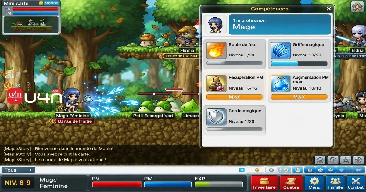 Build de compétences du Mage dans MapleStory Classic World mettant en avant Griffe magique, Récupération de PM, Augmentation des PM max et Garde magique