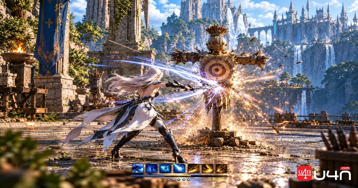 AION 2 player testing a combat build on a Training Scarecrow