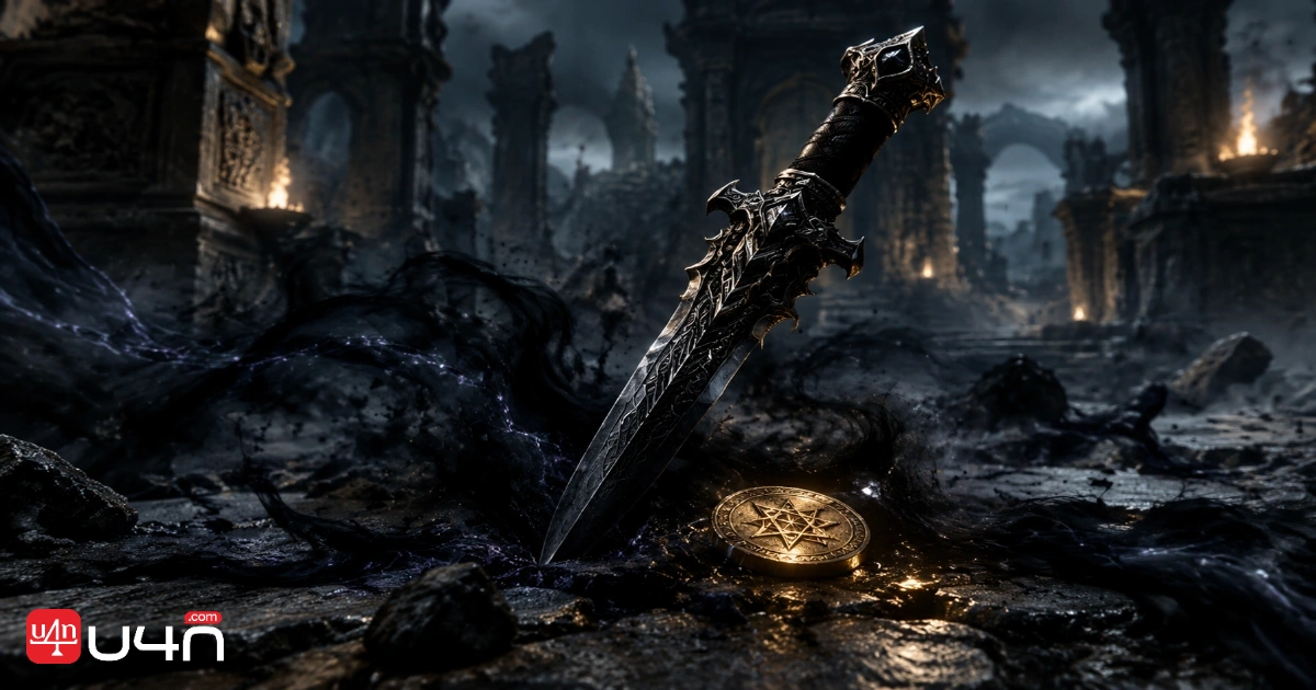 POE 2 teaser-inspired close-up of a dagger, ancient coin, and dark energy