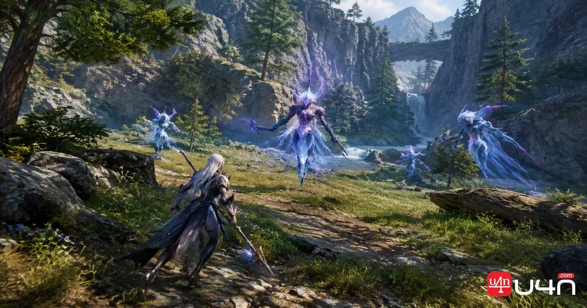 Aion 2 adventurer approaching spirit monsters in the forested terrain of Altamia Canyon