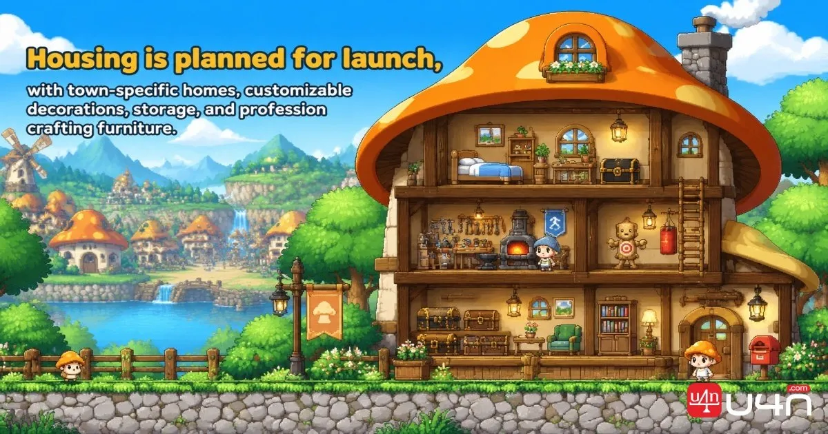 MapleStory Classic World housing concept showing a mushroom-themed home, decorative furniture, a storage chest, and crafting stations
