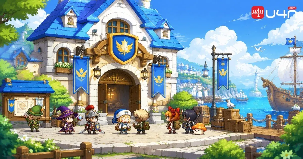 MapleStory Classic World characters gathering in Lith Harbor to represent the upcoming guild system, with classic pixel-art buildings and a coastal town backdrop