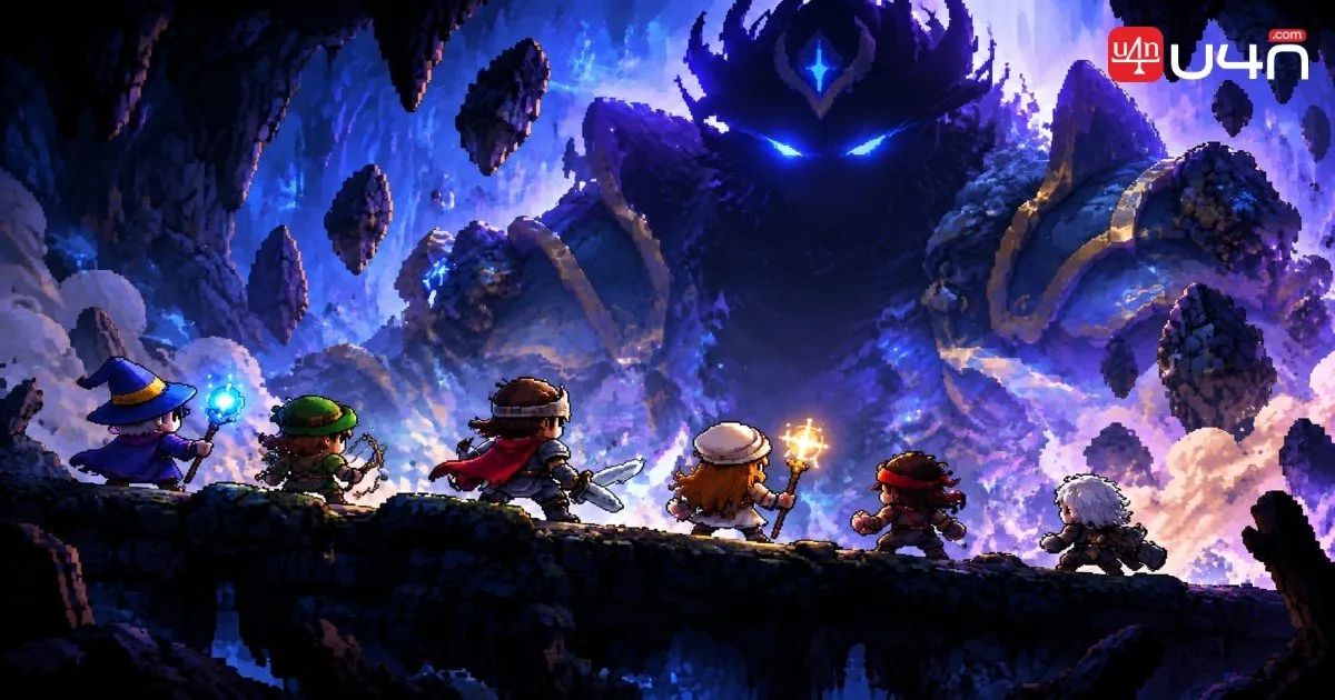 MapleStory Classic World-inspired party of adventurers preparing to fight Archon, a towering raid boss in a dramatic fantasy dungeon