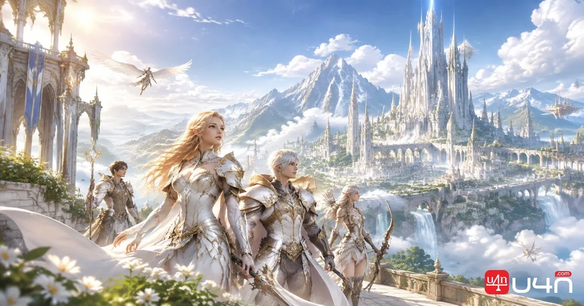 Elyos adventurers in a bright fantasy city with elegant architecture and radiant surroundings