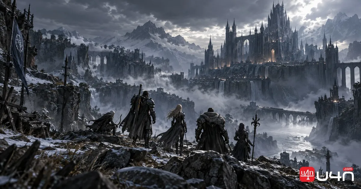 Asmodian adventurers wearing dark armor in a rugged fantasy landscape