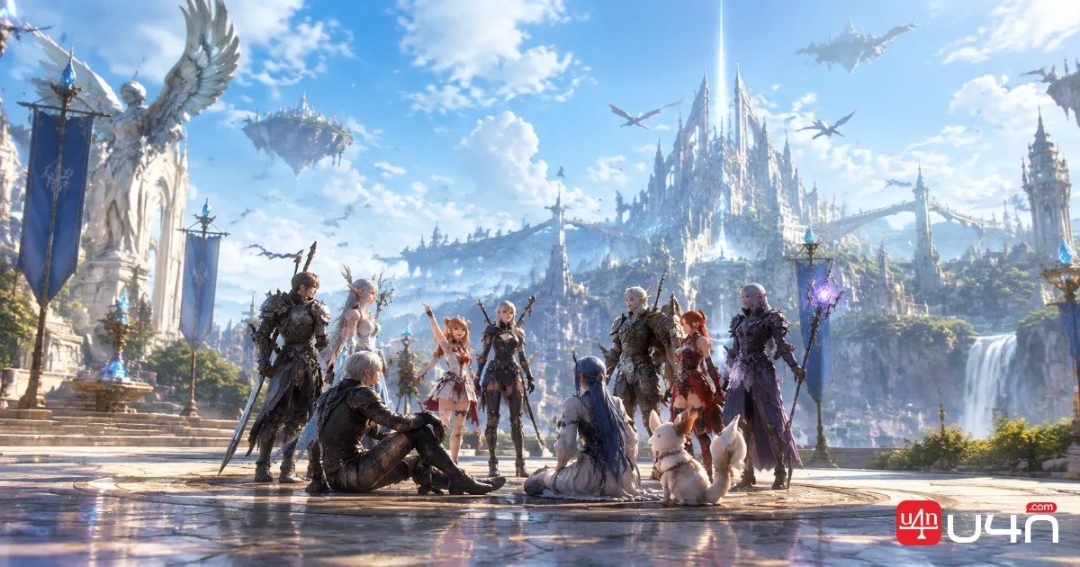 A group of fantasy MMORPG adventurers gathering together in a city square