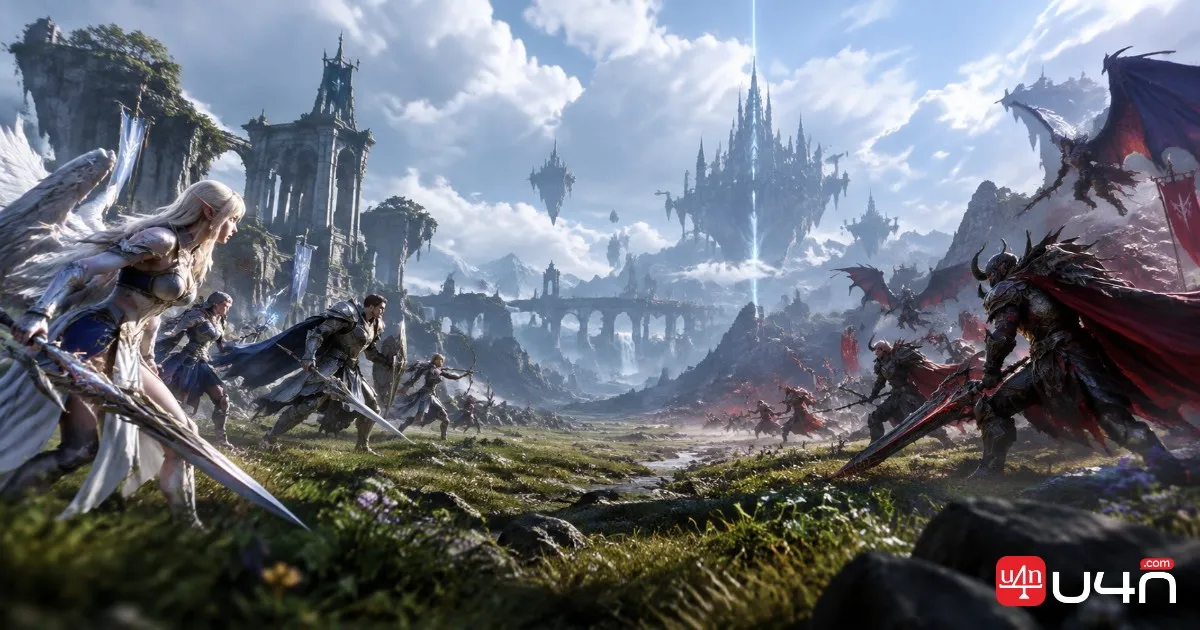Two opposing fantasy MMORPG factions facing each other across a wide battlefield