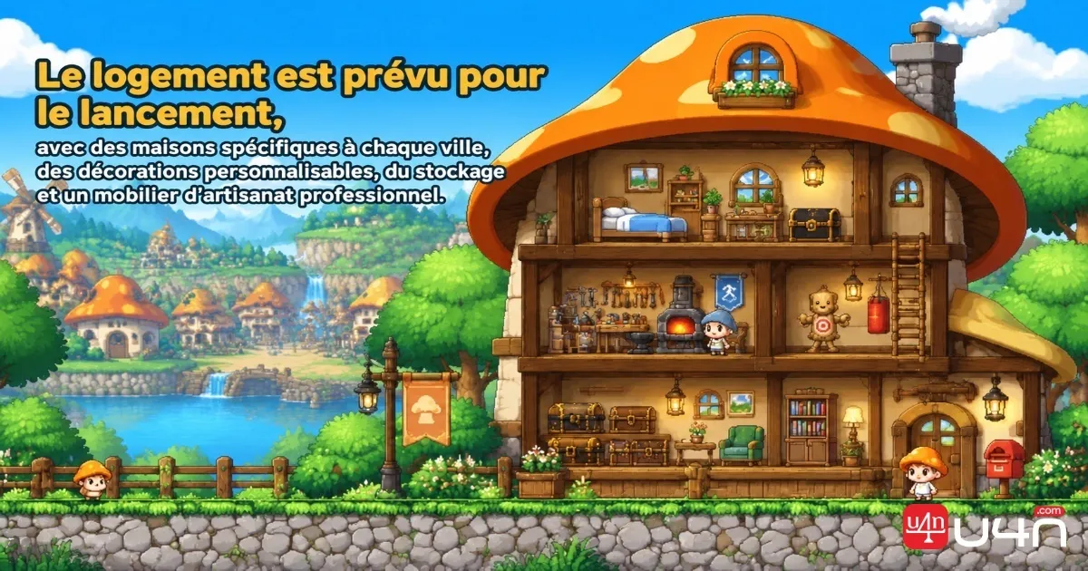 Concept du système de logement de MapleStory Monde Classique montrant une maison sur le thème des champignons, du mobilier décoratif, un coffre de stockage et des ateliers d'artisanat