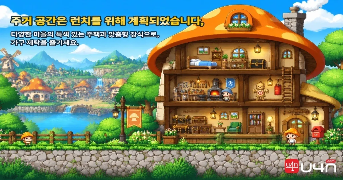 버섯 테마의 집과 장식용 가구, 보관 상자, 제작 작업대가 배치된 메이플스토리 클래식 월드 하우징 콘셉트