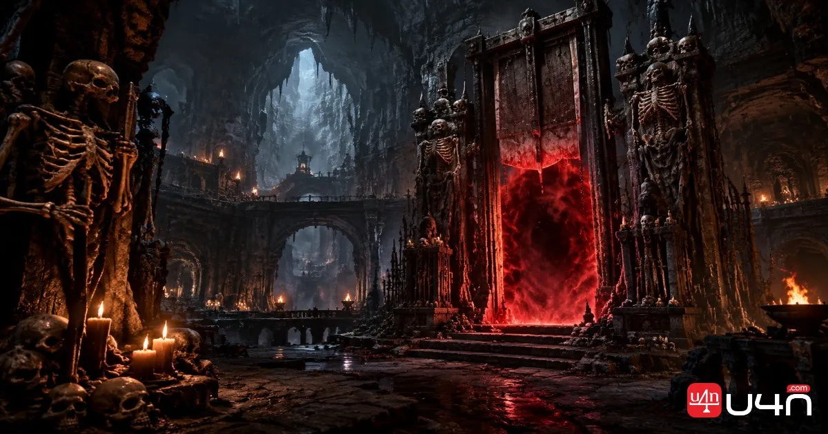 A haunted fantasy hideout with eerie decorations and a dark portal