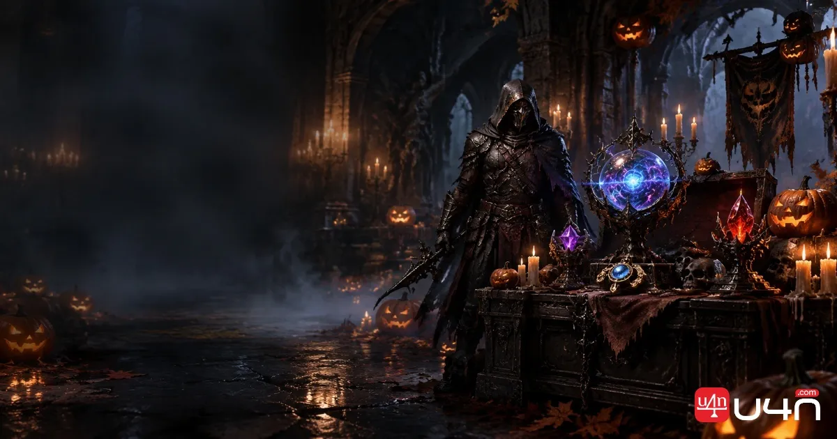 A dark fantasy chamber with Halloween decorations and atmospheric candlelight