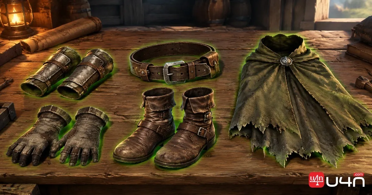 Eight fantasy MMORPG starter equipment pieces including bracers, belts, cloaks, boots, and gloves