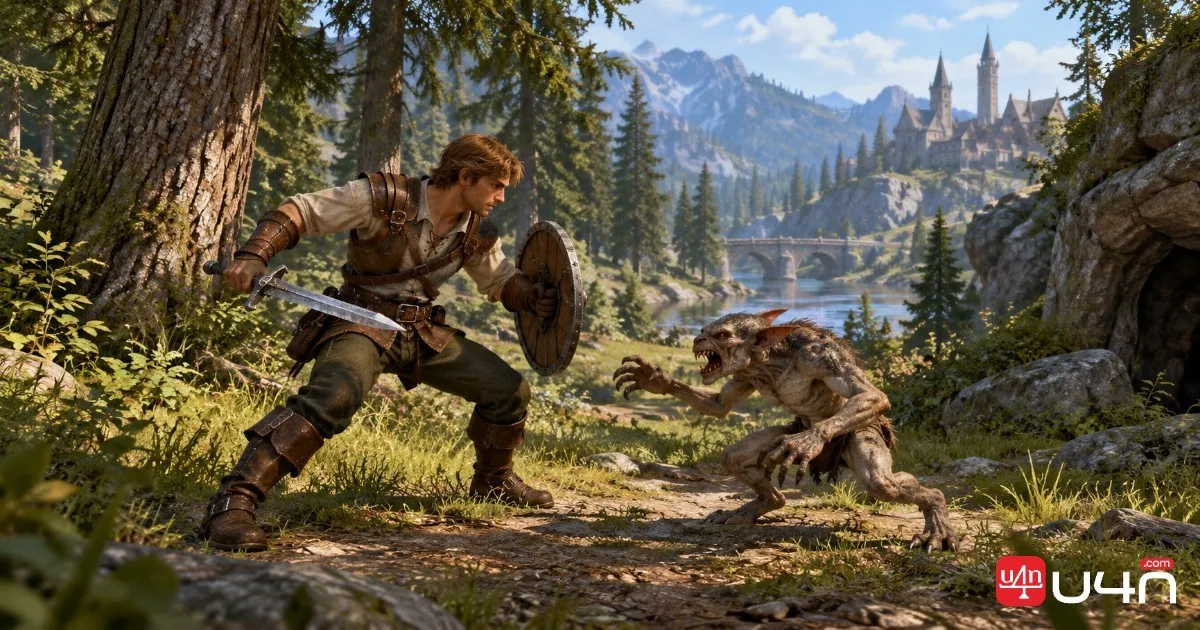 Low-level fantasy MMORPG adventurer fighting a starting-zone enemy while wearing basic gear