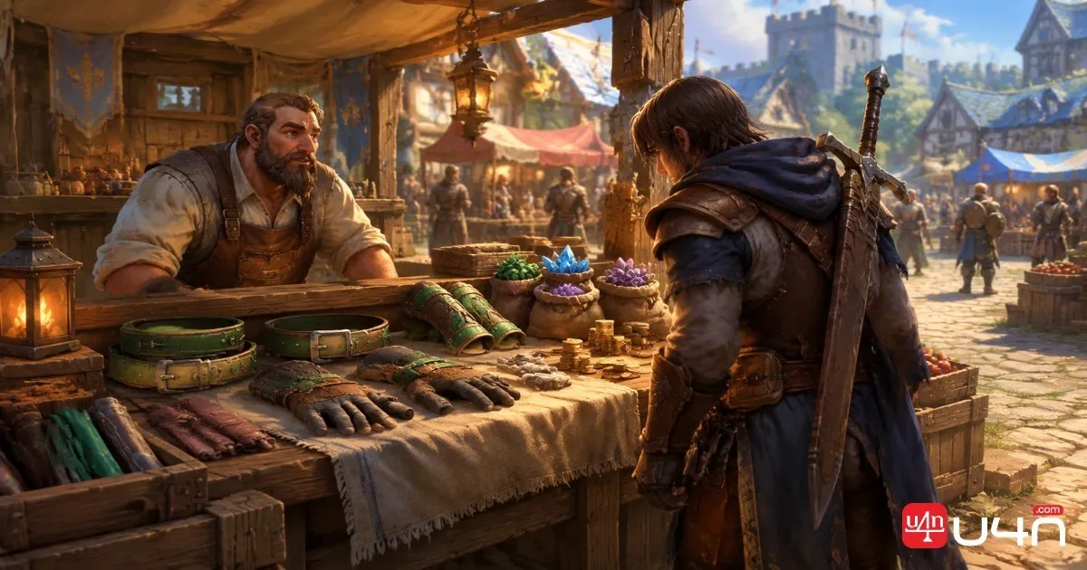 Fantasy MMORPG merchant stall displaying low-level green gear, coins, and enchanting materials