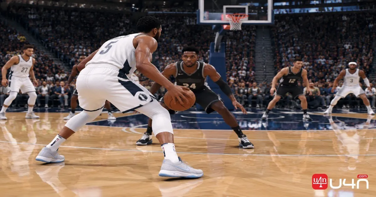 NBA 2K27 playmaker dribbling and directing teammates during a half-court possession