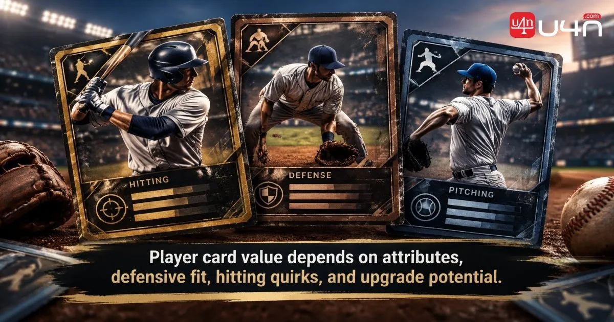 Baseball player cards representing hitting, defense, and upgrade potential