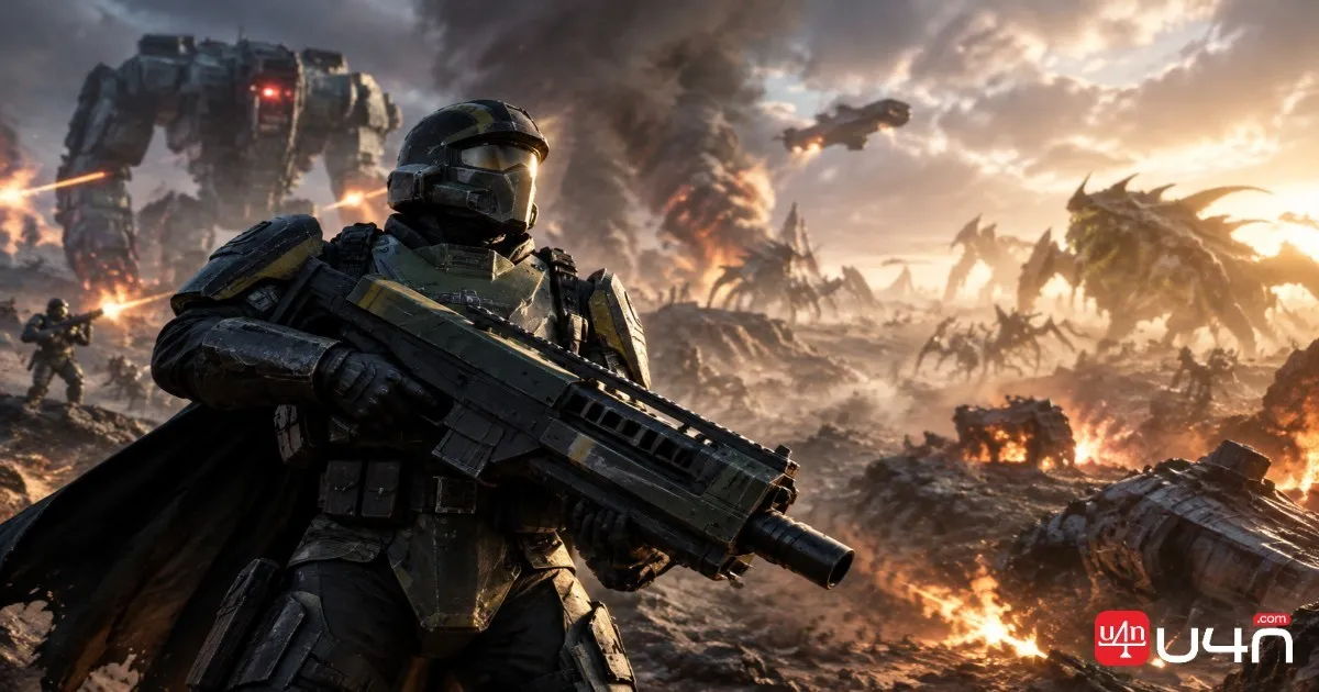 Helldiver carrying a support weapon on a dangerous alien battlefield