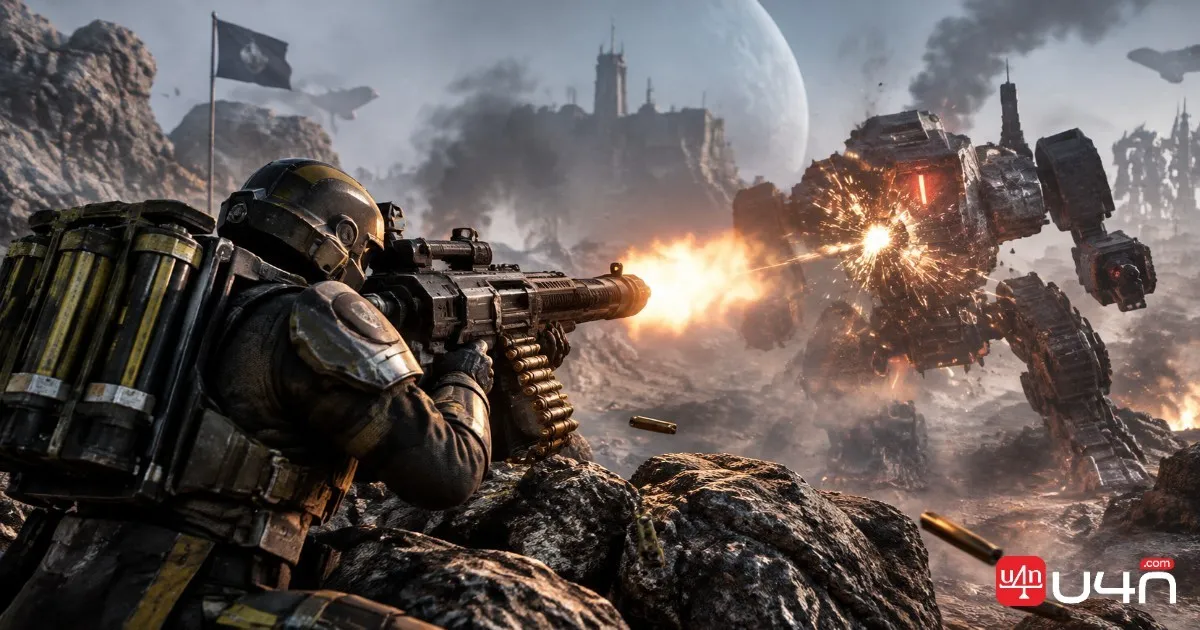 Helldiver aiming a precision support weapon at an armored Automaton