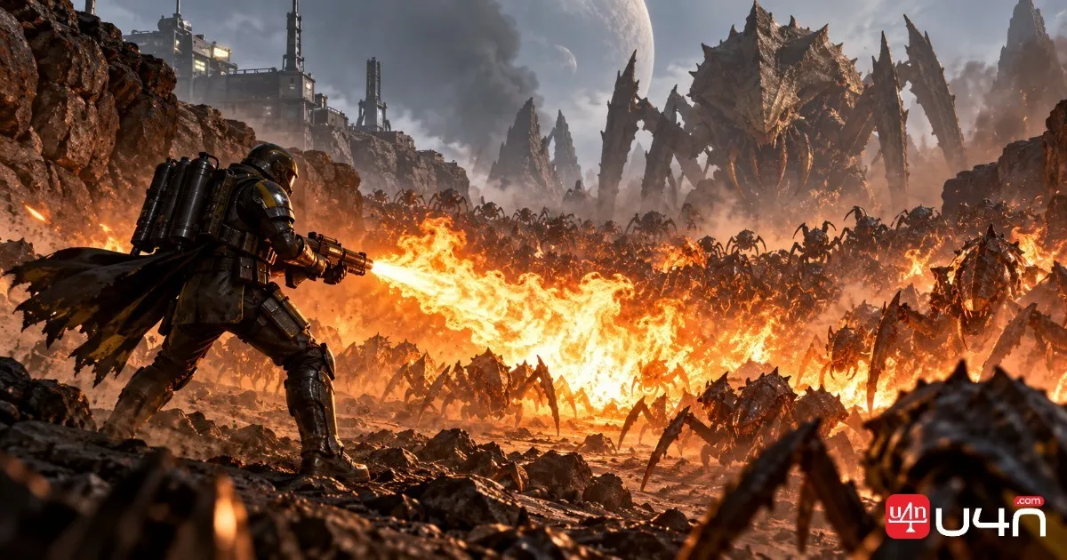 Helldiver using a flamethrower against a Terminid swarm