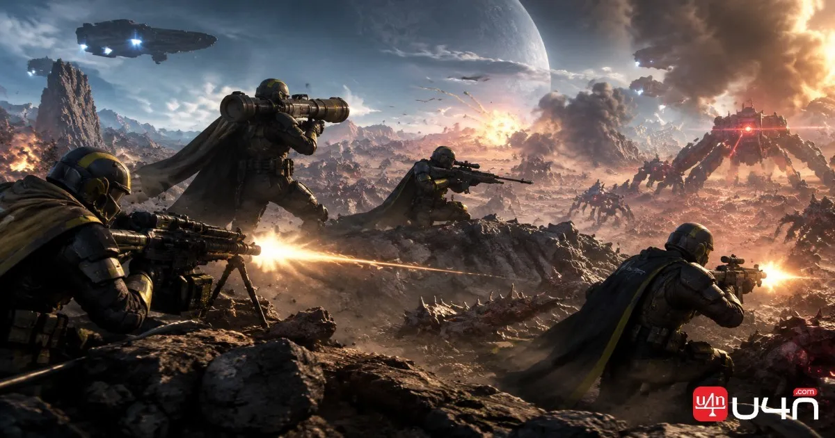 Four Helldivers coordinating support weapons and stratagems during a difficult mission