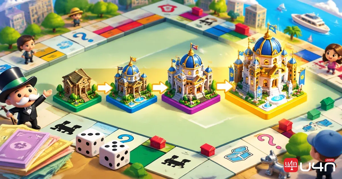Monopoly GO board showing colorful landmarks at different upgrade stages