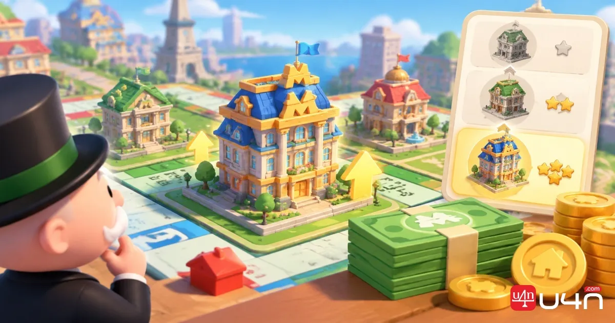 Monopoly GO landmark construction scene illustrating cash management and staged upgrades
