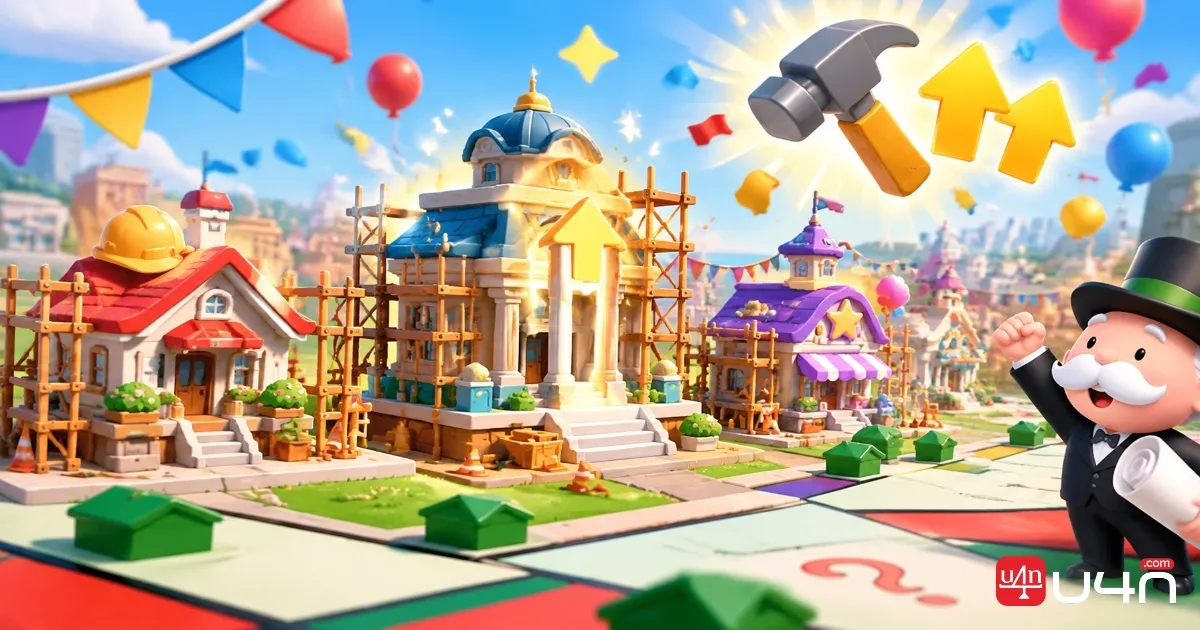 Monopoly GO construction event scene with upgraded landmarks and colorful buildings