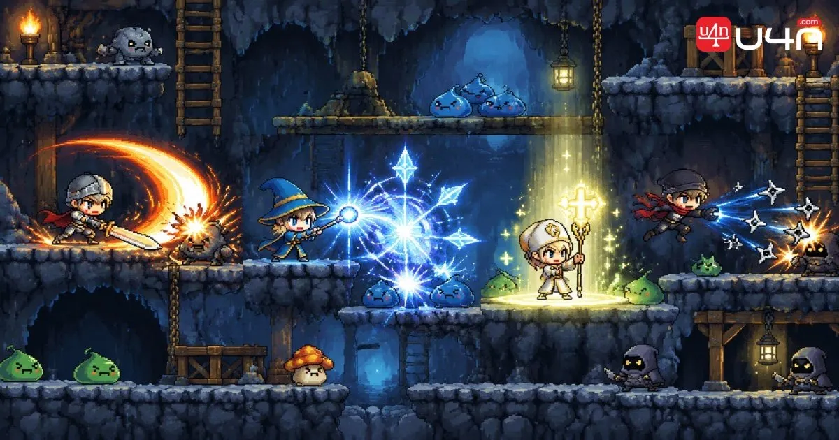 근접 전투, 범위 마법, 클레릭의 지원 능력, 도적의 원거리 공격을 보여 주는 2차 전직 MMORPG 캐릭터