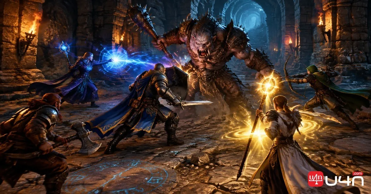 A group of fantasy adventurers fighting monsters inside an ancient dungeon