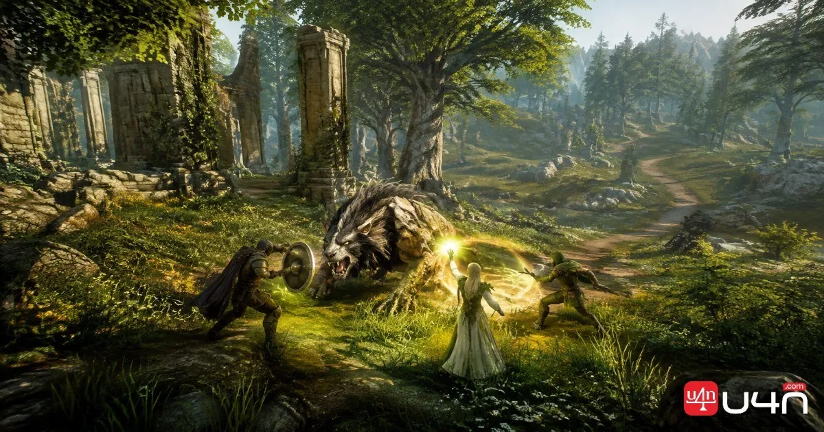 Fantasy MMORPG adventurers working together to defeat an elite enemy in an open-world forest