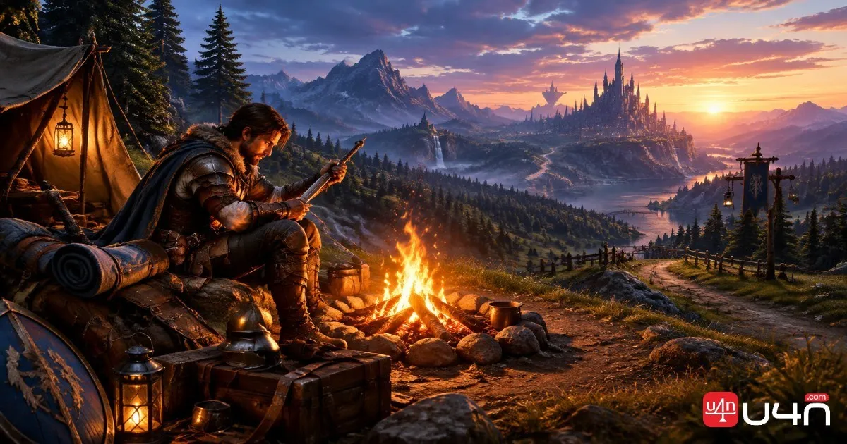 A fantasy adventurer resting beside a campfire while preparing equipment for the next journey