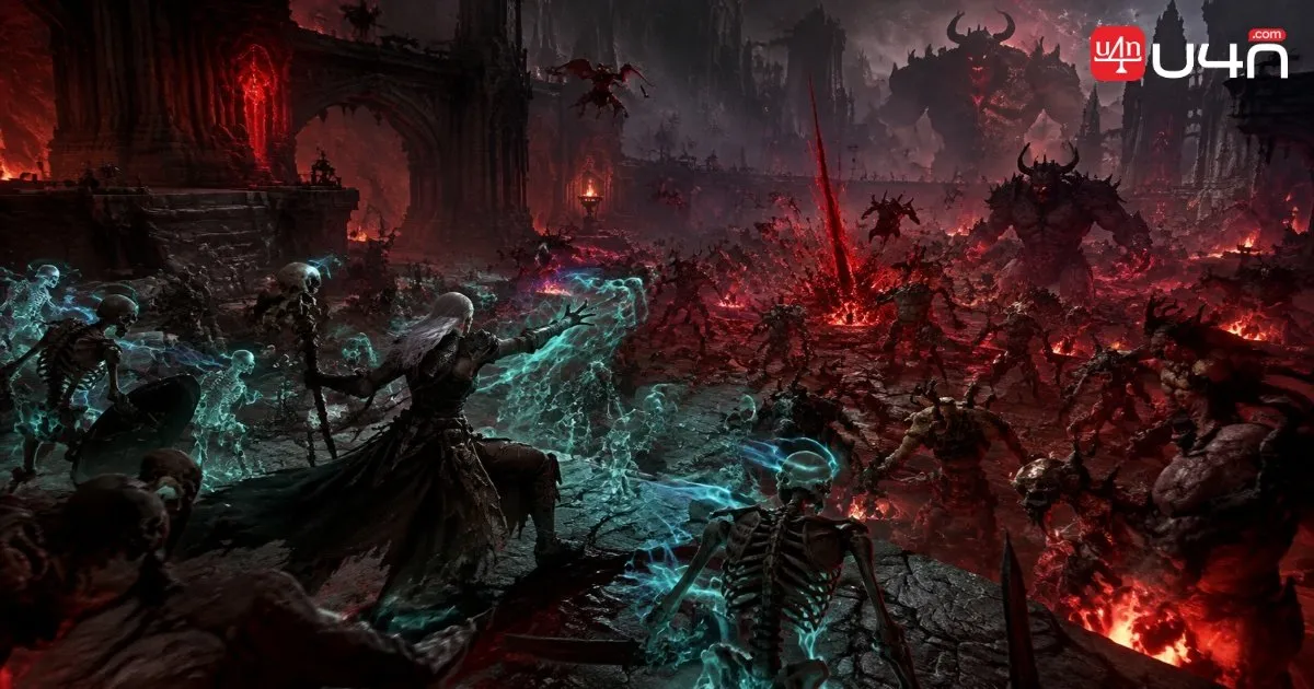 Blood Wave Necromancer using Blood Orbs and defensive effects during endgame combat