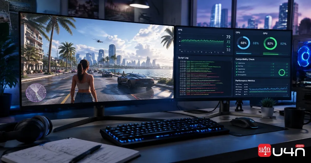 PC gaming workstation showing open-world gameplay and mod compatibility testing