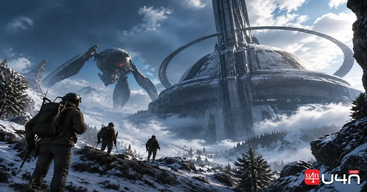 Ein Team in ARC Raiders nähert sich einem gewaltigen Observatorium in Frozen Trail
