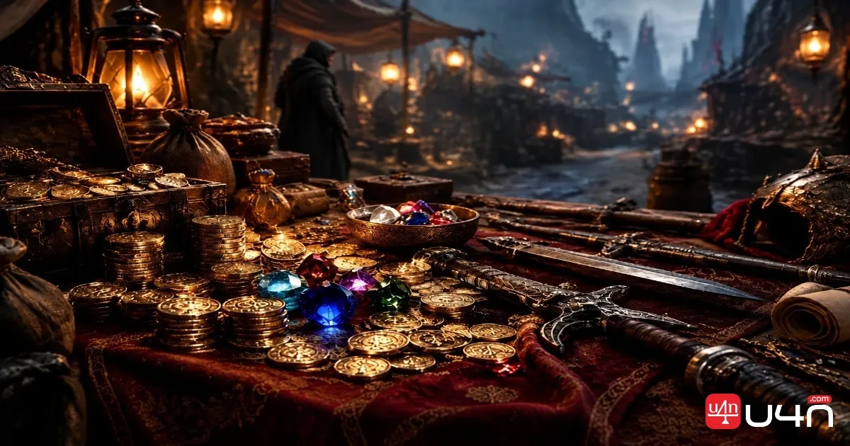 Dark fantasy role-playing game trading scene with weapons, equipment, and currency items