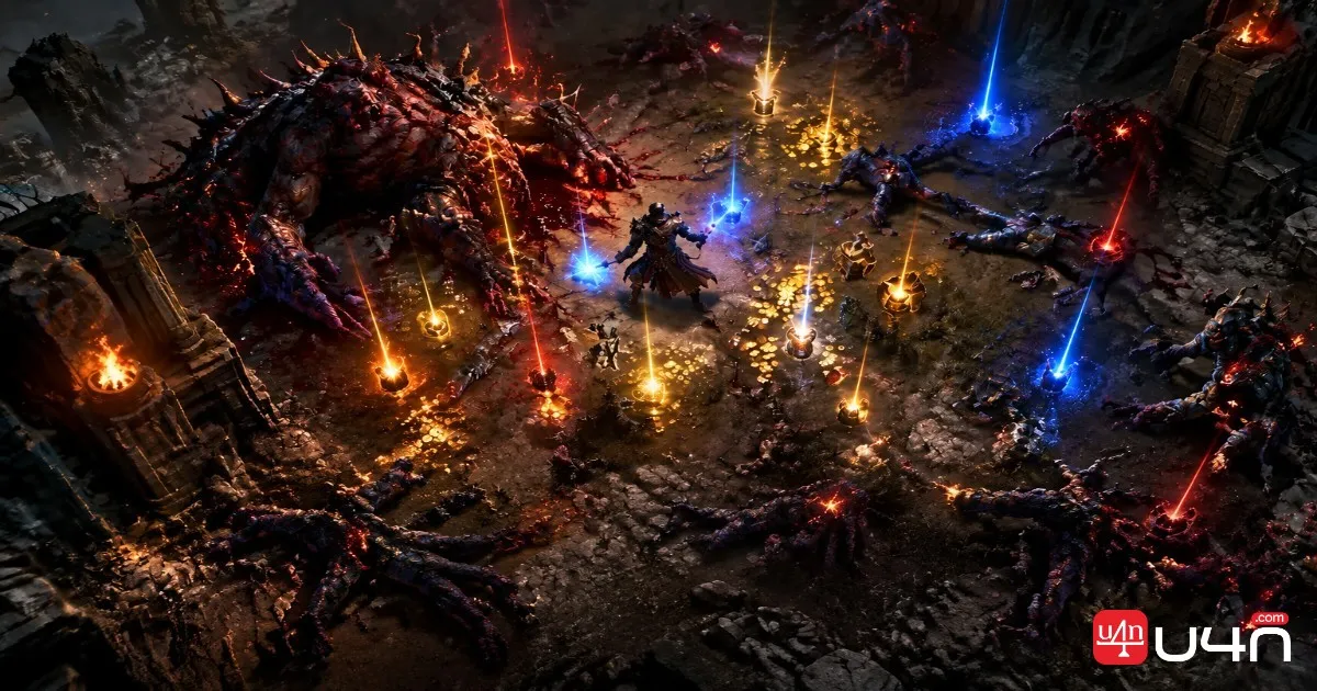 Path of Exile map combat with groups of monsters and endgame encounters