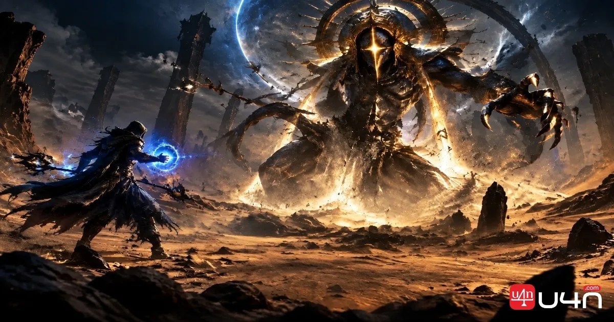 Dark fantasy boss encounter in a Path of Exile environment
