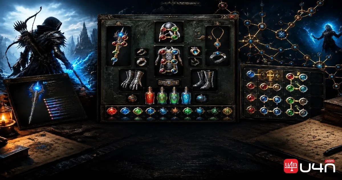 Path of Exile character equipment, weapons, armor, and skill gem interface