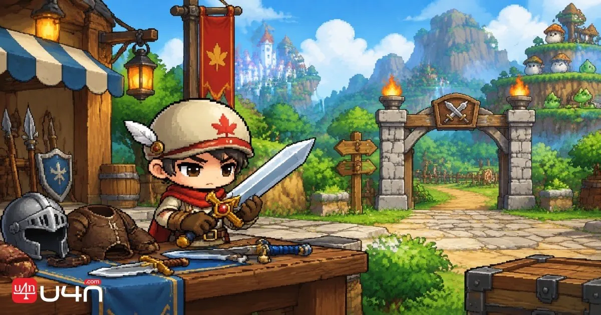 A warrior using an upgraded weapon to fight a stone golem in a classic MMORPG training map.