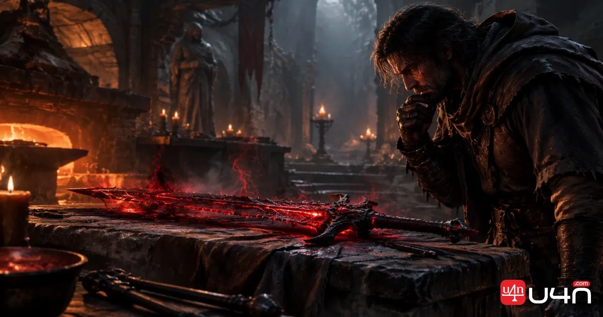 A dark fantasy adventurer inspecting a red-glowing weapon beside a blacksmith's forge