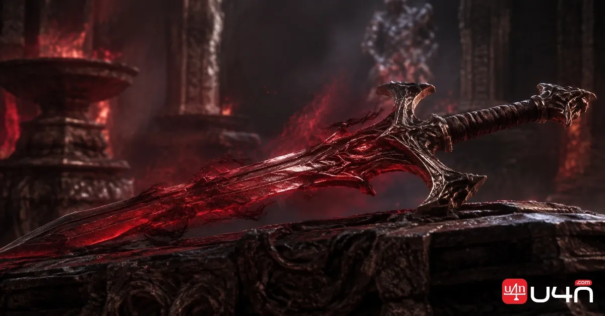 A fantasy weapon resting on an ancient stone altar surrounded by red corruption particles
