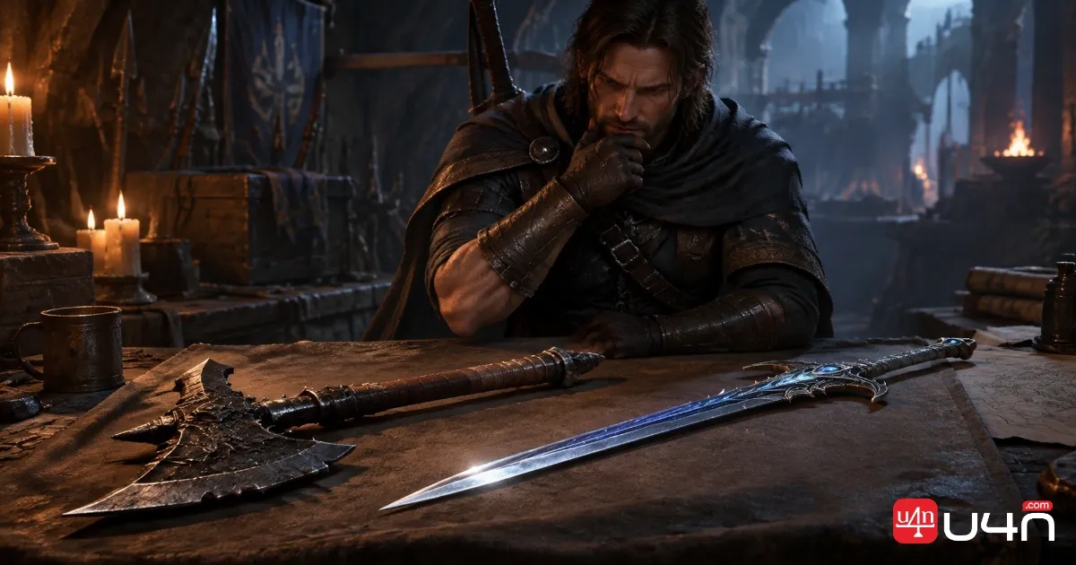 A fantasy adventurer comparing two swords on a blacksmith's workbench