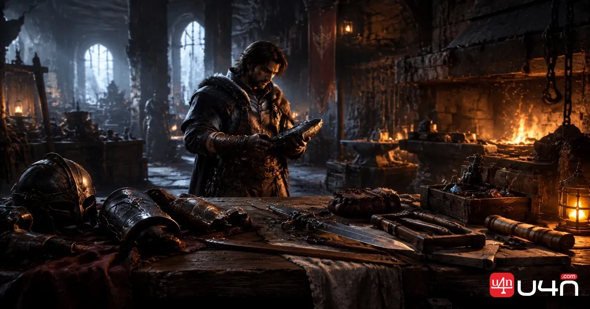 A dark fantasy crafting workspace with weapons, armor, tools, and glowing forge embers