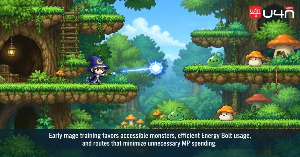 A low-level mage using Energy Bolt against early-game monsters in a classic side-scrolling forest or subway map