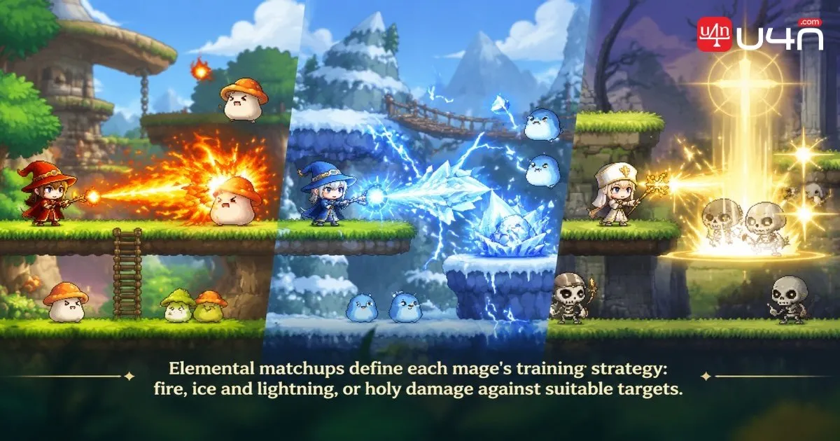 Three mage combat styles showing fire magic, ice and lightning spells, and holy attacks against undead enemies
