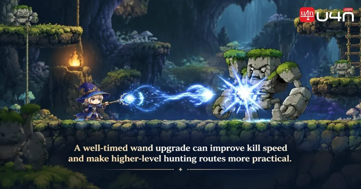 An experienced mage with an upgraded wand fighting a Dark Stone Golem in a classic fantasy dungeon